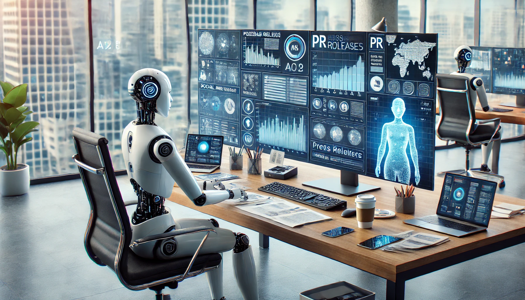 AI image of a robot at a computer with PR on the screen and other data.